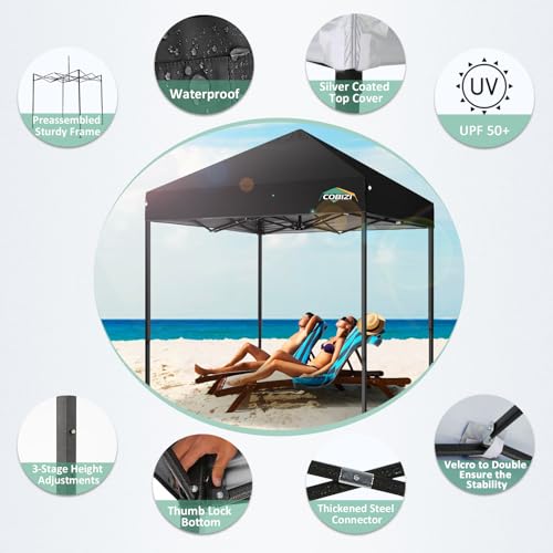 COBIZI 6.6x6.6ft Pop Up Canopy Tent, Heavy Duty Canopy Easy Set up All Weather Waterproof Outdoor Canopy Tent for Parties, Beach, Garden, Camping with 1 Handbag, 3 Adjustable Heights, UPF50+, Black - color: Black, size: 6.6x6.6 Without Sidewalls