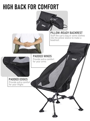 WildCall Lightweight Folding High Back Camping Chair with Head Support, Compact Beach Chair with Anti-Sinking Large Feet and Three Tilt Angles Adjustment - color: 1 X Black High Back