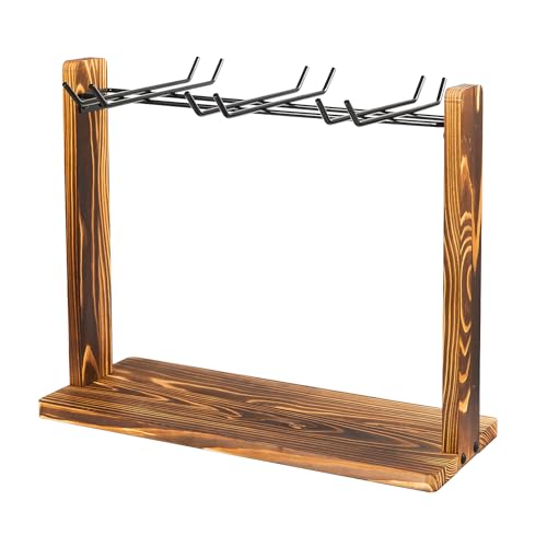 Rustic Wine Glass Hanging Rack Torched Brown Wooden Matte Black Metal Wire 6-Slot Drinking Glassware Holder Champagne Flutes Counter Top Tabletop Drying Displaying Kitchen Bar Dining Table