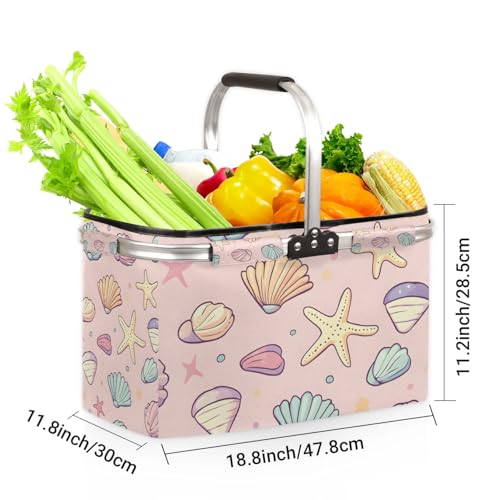 Collapsible Market Basket Aluminum Frame for Travel, Shopping, Camping & Lake Trips,18.8 x 11.8 x 11.2 - color: Starfish(style 2)