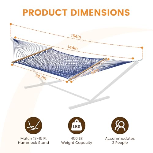 Lazy Daze Hammocks 12FT Double Rope Hammocks, 2 Person Hand Woven Cotton Hammock with Spreader Bar for Outside, Patio, Poolside, FIT 13-15 FT Stand, Max 450 Lbs, Blue, 141 x 57 inches - color: Blue