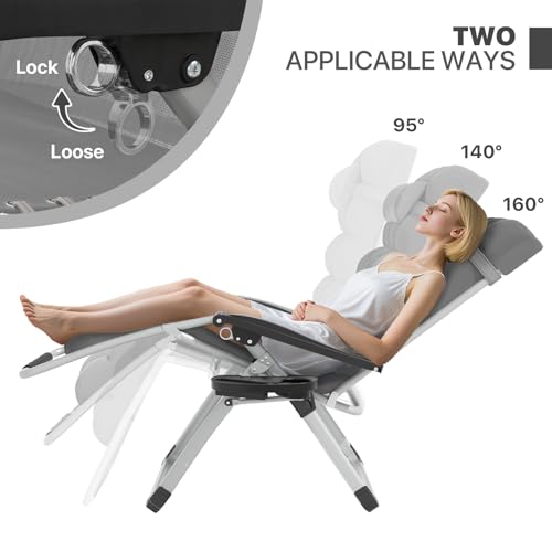 Magshion Zero Gravity Chair with Cushion, Reclining Outdoor Patio Lounge Chair, Folding Indoor Anti Gravity Recliner, Portable Lounger with Removable Cup Holder Side Tray and Pillow Headrest (Grey) - color: Grey