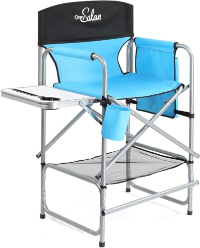 mefeir 26" Extra Tall Director Chair w/Side Table, Heavy-Duty Steel Frame Portable Folding Bar Stool w/Storage Pockets, for Makeup Artist, Salon, Studio, Camping, 300 lbs Capacity (Blue) - color: Black/Blue, size: 31in