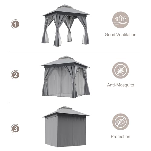 LAUSAINT HOME 8'x8' Outdoor Patio Gazebo with 50FT String Lights, Heavy Duty Party Tent & Shelter with Double Roofs, Mosquito Nettings and Privacy Screens for Backyard, Garden, Deck (Grey) - color: Gray, size: 8'x8' with lights