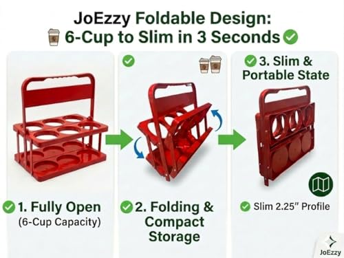 JoEzzy Insulated Food Delivery Bag & 6 Cup Drink Carrier Set – Thermal Drink Carrier Bag for Hot or Cold Food – Professional Red Delivery Bag Insulated Set & Foldable Drink Caddy