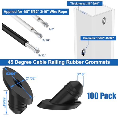 100 Pack 45 Degree Cable Railing Rubber Grommets, Black Angle Beveled Protector Sleeve for 1/8" 5/32" 3/16" Cables for Metal Cable Railing Posts, Cable Railing Protector Sleeve Grommet, MY27 - size: Stair (45°)