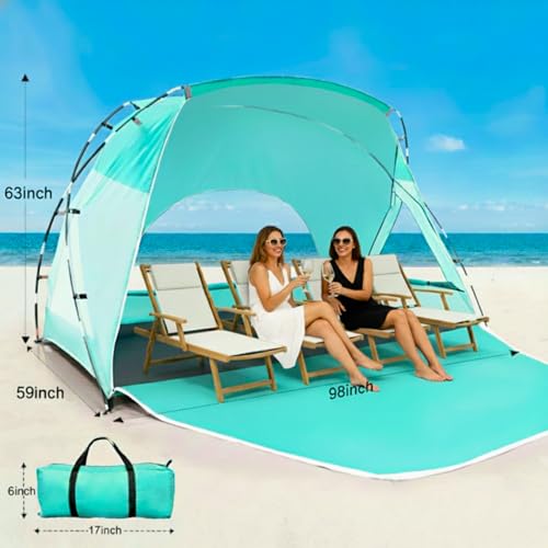 Beach Tent, Portable Sun Shelter for 2/3/4/6-8 Person with UPF 50+ UV Protection, Easy Setup Waterproof Beach Shade Canopy Cabana for Family Outdoor and Picnics, Fishing with Carrying Bag - color: Turquoise Ocean, size: Spacious 4-Person