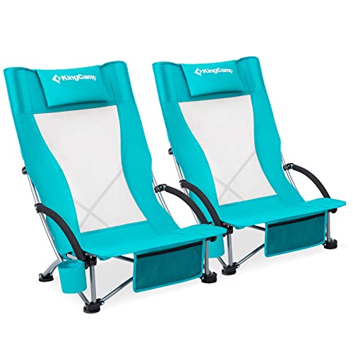 KingCamp Folding Beach Chair 2 Pack High Back Lightweight Portable Backpack Chair with Headrest, Cup Holder for Camping Outdoor Sand Concert Lawn Festival Sports, Cyan - color: Cyan-high Back-2 Pack