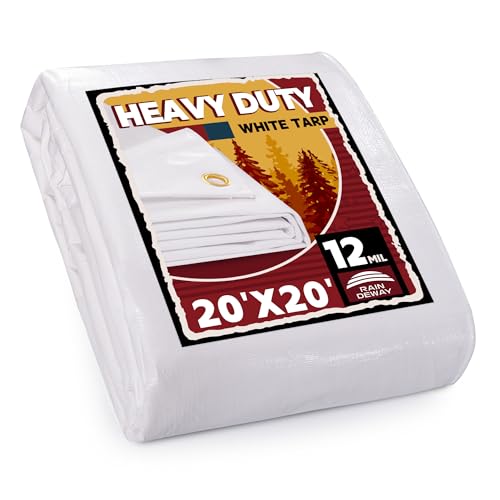RAINDEWAY 12 Mil Heavy Duty White Tarp 20x20 Feet, UV Resistant, Waterproof, Weatherproof Poly Tarp with Metal Grommets and Reinforced Edges - color: White, size: 20x20 Feet-Finished size