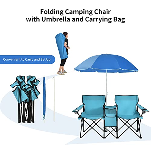 Goplus Double Camping Chair with Umbrella, Folding Loveseat Chairs w/Canopy Shade, Carrying Bag, Table, Cup Holder, Portable Beach Chairs Outdoor Picnic Patio (Turquoise) - color: Turquoise