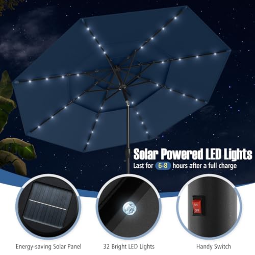 Tangkula 10 FT Solar LED Patio Umbrella, 3-Tier Vented Outdoor Market Table Umbrella with 32 LED Lights, Tilt Adjustment, Crank Handle, 8 Ribs for Backyard Pool Deck (Navy) - color: Navy