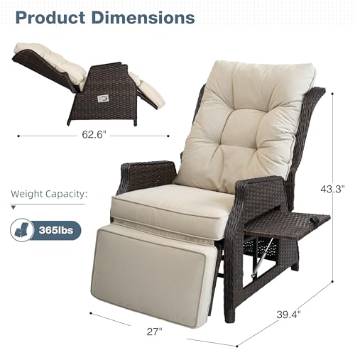 Outdoor Indoor Wicker Recliner with Adjustable Back and Footrest, Patio Reclining Chair with Flip-up Table, Outdoor Rattan Lounge Chair, Upgrade Beige - color: Upgrade Beige, size: 1PCS