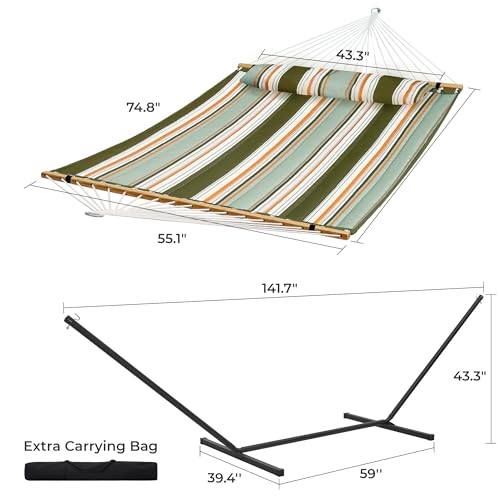 SUPERJARE Hammock with Stand, 2 Person Quilted Outdoor Hammock, Detachable Pillow & Bamboo Spreaders, Portable Hammock with Carrying Bag, Heavy Duty Stand, Perfect for Outside, Patio, Retro Green - color: Retro Green, size: 55.1"W × 74.8''D × 43.3''H