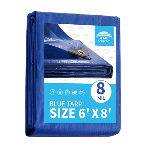 Blue Tarp 6x8 Feet 8 Mil, UV Resistant, Durable, Multipurpose Waterproof Poly Tarp Cover with Metal Grommets and Reinforced Edges By RAINDEWAY - color: Blue, size: 6x8 Feet-Finished Size
