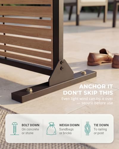 6FT Outdoor Privacy Screen | 37lb Heavy-Duty Metal Fence Panel, Freestanding with Expansion Anchors | Rust-Resistant Powder-Coated, Louvered Faux Wood — Patio, Balcony, Pool, Deck (72" H×47" W) - color: Matte teak color