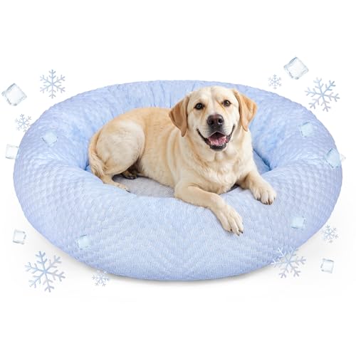 Donut Dog Bed for Large Dogs - Cooling Pet Bed with Removable Cover, Breathable Ice Fabric Summer Pet Beds for Medium & Big Dogs, Egg Tart Design (L) - color: Blue Donut, size: Large