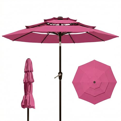 10FT Patio Umbrella 3 Tiers Outdoor Market Umbrella w/Push Button Tilt, Crank, UV and Waterproof Table Umbrella for Garden, Pool, Backyard, Deck, Lawn, Rose Pink - color: Rose Pink