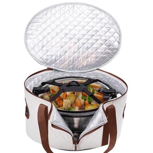 BAGSPRITE Slow Cooker Carrying Case Compatible with 6-8 Quart Crockpot Carrier for Hot Food and Hamlton Beach Slow Cooker Tote with Lid Fastener for Crock-pot Dust Cover Applicances - color: Ivory