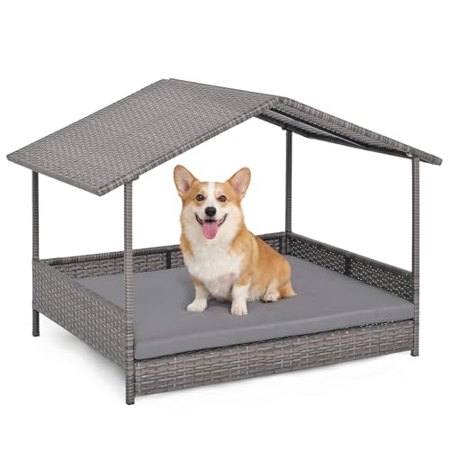 Giantex Outdoor Wicker Dog House with Roof Canopy, Elevated Rattan Dog Bed with Washable Cushion, Weatherproof Patio Pet Bed for Small Medium Dogs, Heavy Duty Metal Frame, 165 lbs, Gray - style: Gray House & Gray Cushion