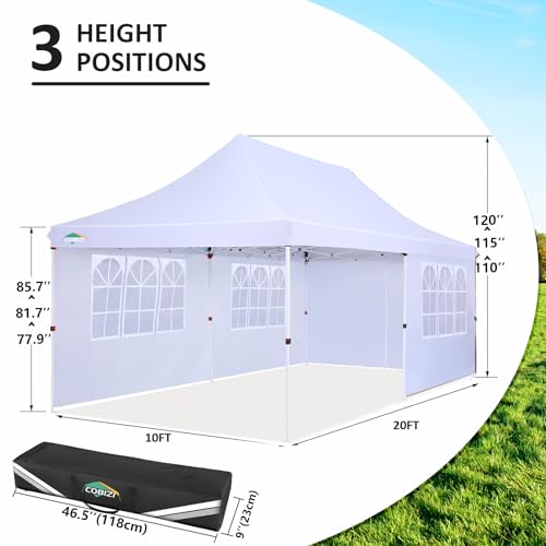 COBIZI 10x20 Pop Up Canopy with 4 Sidewalls, Conical Party Tent 10x20 with 3 Adjustable Height Waterproof, UV-Resistant with Carry Bag, Sandbag, Stake, Ropes for Parties, Commercial (Frame Upgraded) - color: White, size: 10x20FT with 4 sidewalls
