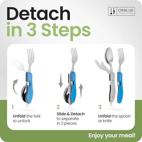 Orblue 4-in-1 Camping Eating Utensils, 2-Pack - Portable Spoon, Fork, Knife & Bottle Opener Combo Set - Stainless Steel Flatware with Detachable Fork - Travel, Backpacking Cutlery Multitool, Blue - color: 2-PACK Ultramarine Blue