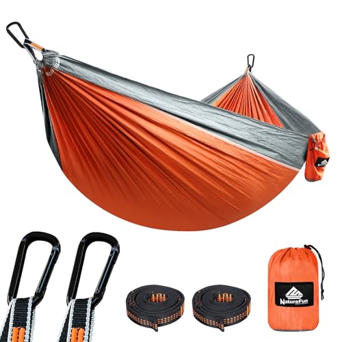 NATUREFUN Ultra-Light Travel Camping Hammock | 300kg Load Capacity,Breathable,Quick-Drying | 2 x Premium Carabiners,2 x Nylon Slings Included | Outdoor Indoor Garden - color: Orange/Grey, size: 275x140cm