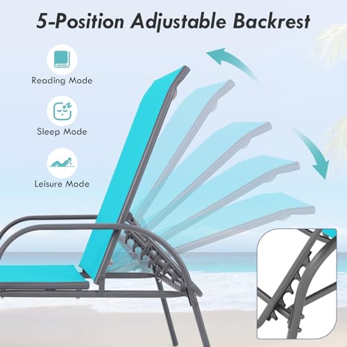 Giantex Patio Lounge Chair, Outdoor Chaise Lounge with 5 Adjustable Backrest, Sturdy Steel Frame, Sunbathing Recliner, Tanning Chair for Beach, Outside, Yard, Balcony, Pool Chairs (1,Turquoise) - color: Turquoise