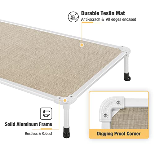 Veehoo Chew Proof Elevated Dog Bed - Cooling Raised Pet Cot - Silver Aluminum Frame and Durable Textilene Mesh Fabric, Unique Designed No-Slip Feet for Indoor or Outdoor Use, Beige Coffee, Large - color: Beige Coffee, size: 42.0"L x 30.0"W x 7.0"Th