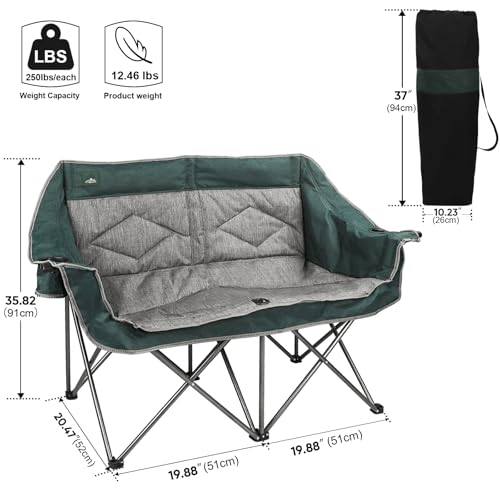 Northroad Folding Loveseat Camping Chair Portable Double Duo Full Padded Garden Chair for 2 Person Sofa w/ 2 Cup Holder,Wine Glass Holder,Mesh Storage,Support 600lbs for Picnic Beach Travel - color: Dark Green