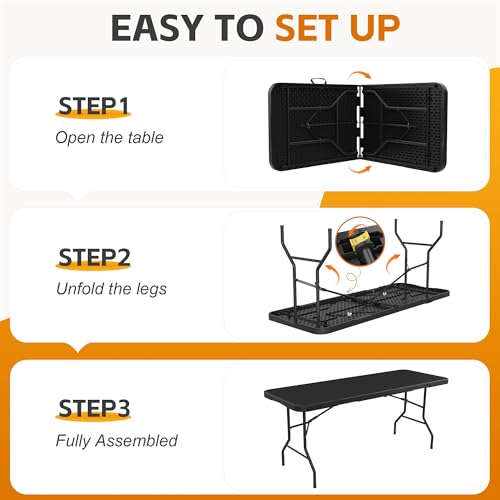 6 Ft Plastic Folding Table,Heavy Duty Portable Table for Indoor & Outdoor,Wood Grain Desktop & 350lbs Weight Capacity,Premium Solutions for Camping,Picnic,BBQ and Party - size: 6ft-black