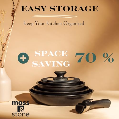 Moss & Stone 10pcs Nonstick Cookware Pans with Removable Handles, Space Saving Pots and Pans with Removable Handles, RV Pots and Pans Set for Camping, Oven and Induction Ready - size: 10 Pcs Black