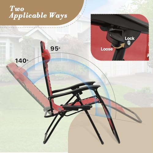Athena Collection Zero Gravity Outdoor Lounge Chair Set of 2 with Side Table, 25" Width Pool Lounge Lawn Chairs Reclining with Cup Holder, Outdoor Chaise for Beach Patio Backyard Outside, Dark Red - color: Dark Red, style: 25" Width