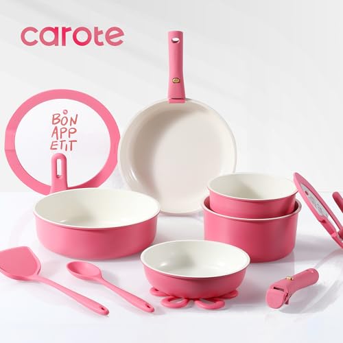 CAROTE 18Pcs Ceramic Cookware Set with Detachable Handle, Pots and Pans Set Non Stick, Non Toxic Kitchen Cooking Sets with Stand-Up Lid, PFAS and PFOA Free, Oven Safe, Induction Ready, Pink - color: Pink