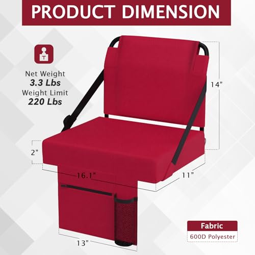 2pcs Stadium Seat for Bleachers with Back Support，Portable Bleacher Chairs with Back and Cushion，Includes Shoulder Strap and Cup Holder - color: Maroon,2 Pack