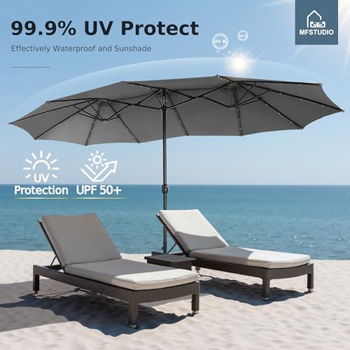MFSTUDIO 15ft Double Sided Patio Umbrella with Solar Lights, Outdoor Large Umbrellas with Crank Handle and 36 LED Lights, Rectangular Market Umbrella with Base Included for Deck Pool Shade, Smoky Gray - color: Smoky Gray