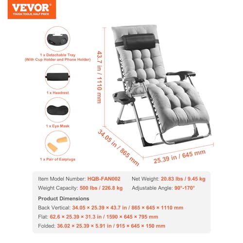 VEVOR Zero Gravity Chair, 26 inch Zero Gravity Recliner Lounge Chair for Indoor and Outdoor, Adjustable Anti Gravity Chair with Cushion, Headrest, Footrest, and Cupholder, 500 lbs, Gray - color: Grey, size: 26 Inch