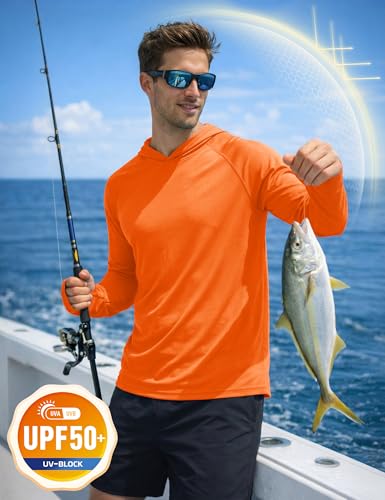 KEFITEVD Men's Sun Protection UPF 50+ Hoodie Shirts Long Sleeve Swimming Fishing Shirt SPF UV Quick Dry Rash Guards - color: Orange, size: Small
