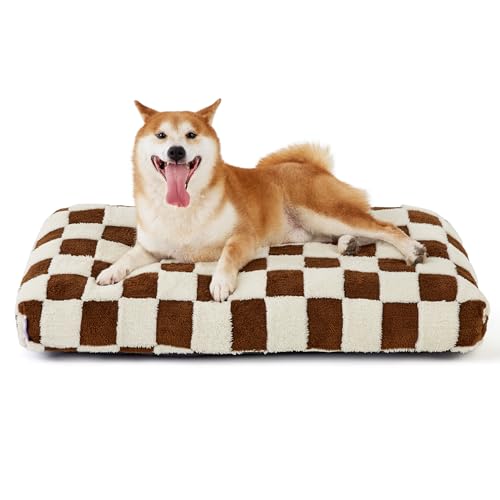 LE SURE Dog Beds Large Sized-Thick Shredded Chopped Foam Checkered Pet Bed as Gift for Indoor as Christmas Bed Gift with Removable Cover, Cute Modern Fuzzy Plush & Anti Slip Bottom, Brown - color: Brown Checks, size: 35.0"L x 22.0"W x 4.0"Th