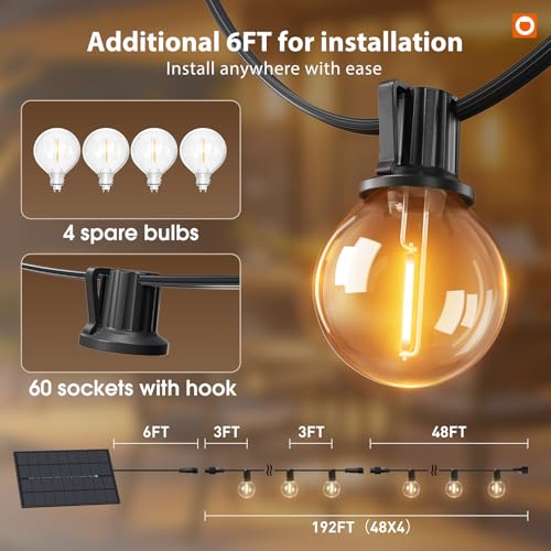 addlon 198FT(192+6) Solar String Lights Outdoor Waterproof, 60+4 LED Shatterproof Bulbs with Remote, 3 Light Modes, Dimmable, Timable, G40 Patio Lights for Large Backyard, Garden, Wedding Party Decor - size: 192+6FT