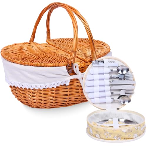Wicker Picnic Basket with Handle, 15" Large Picnic Basket with Lid & Removable Liner, Vintage Hand Woven Basket with Cutlery Set for Picnics, Camping, Thanksgiving, and Birthday - color: Beige, size: 4-person