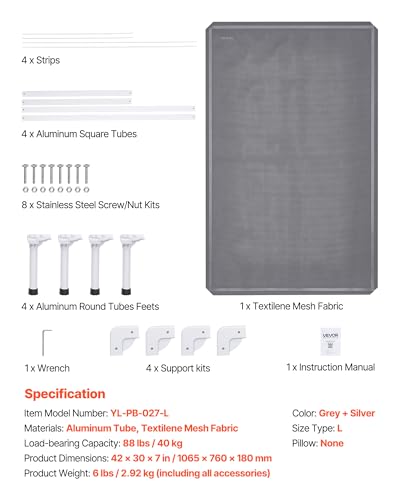 VEVOR Chew Proof Elevated Dog Bed, Portable Raised Dog Cot with Aluminum Tube Metal Frame and Breathable Textilene Mesh, Indoor & Outdoor Pet Cooling Raised Hammock Bed, L, Gray - size: L