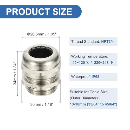 PATIKIL Waterproof Electrical Cable Glands, NPT3/4 4 Pcs 33/64" - 45/64" Nickel-Plated Brass Cord Grip Electric Wire Connector Wire Protector for Outdoor Cable Box Enclosure Junction Box - size: NPT 3/4 33/64" - 45/64"