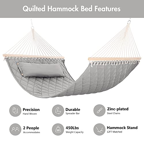 ANOW Heavy Duty Hammock with Spreader Bars and Detachable Pillow, 2 Person Hammock for Outdoors Indoors, 450 LBS Weight Capacity, Light Gray - color: Light Gray, size: 2 Person Without Stand