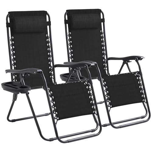 Zero Gravity Chair Set of 2 Oversized Folding Recliner, Padded Anti Gravity Lounge Chair with Adjustable Pillow & Cup Holder for Outdoor Camping, Patio, Poolside, Lawn (Black) - color: Black, size: 2 Pcs