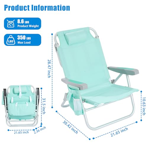 SUNNYFEEL Low Beach Chair, 5-Position Lay Flat Reclining, Backpack Portable Folding Chair with Cooler Bag & Cup Holder, Heavy Duty 350 LBS, Compact for Beach, Camping, Travel - color: Teal, size: 1-pack