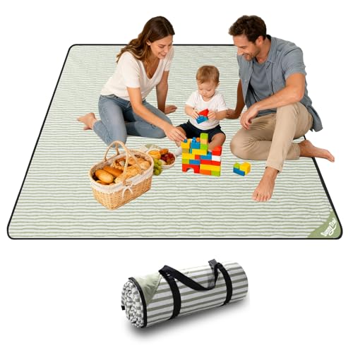 Extra Large Waterproof Picnic Blanket 80"x80" – Sandproof Outdoor Mat for Beach, Park, Grass, Lawn, Camping, Wedding Registry Must Have, Foldable & Portable Rug for Family Picnics - color: Moss Green Pinstripe
