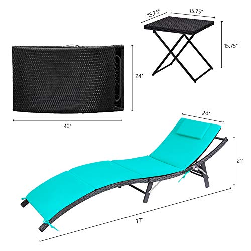 Devoko Patio Chaise Lounge Sets Outdoor Rattan Adjustable Back 3 Pieces Cushioned Patio Folding Chaise Lounge with Folding Table (Blue) - color: Blue