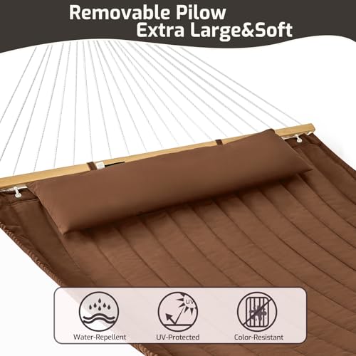 Double Quilted Fabric Hammock with Hardwood Spreader Bars and Pillow 450 LBS Capacity 2 Person Large Hammock for Outdoor Patio Backyard Poolside - Brown - color: Brown