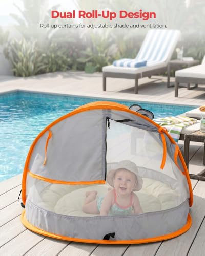 Poray Portable Baby Beach Tent with UPF 50+ Sun Shelter,Mosquito Net and Sunshade, Ideal Pop Up Kids Travel Tent with Carry Bag & 2 Stakes,Outdoor Indoor Play and Sun Protection - style: Vibrant Orange