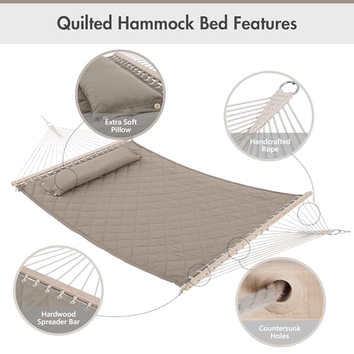 ANOW 13.5FT Curved Wooden Stand with Quilted Hammock, Heavy Duty Larch Wood Arc Stand with 2 Chains, 4 Balance Ropes and 4 Carabiners, Includes Light Brown Hammock with Spreader Bars - color: Light Brown-quilted